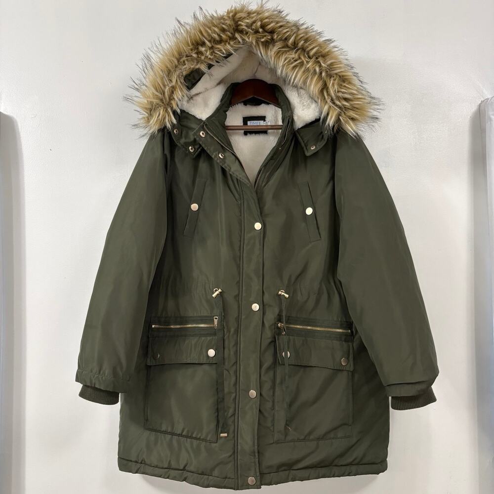 Time and Tru Womens XL 16-18 Olive Green Faux Fur Hooded Winter Parka Coat